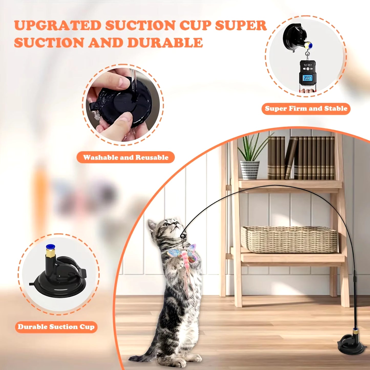 Interactive Cat Teaser Toy with Bell and Feather Wand - Extended Suction Cup Pole for Engaging Playtime Experiences