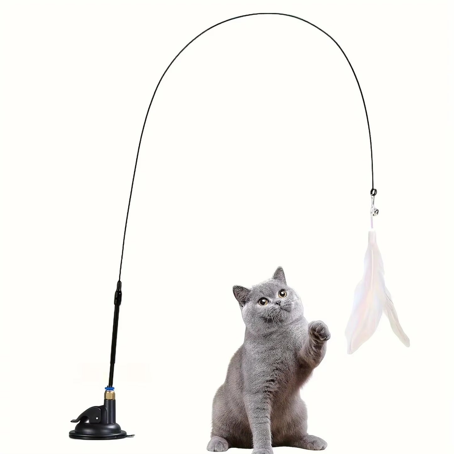 Interactive Cat Teaser Toy with Bell and Feather Wand - Extended Suction Cup Pole for Engaging Playtime Experiences