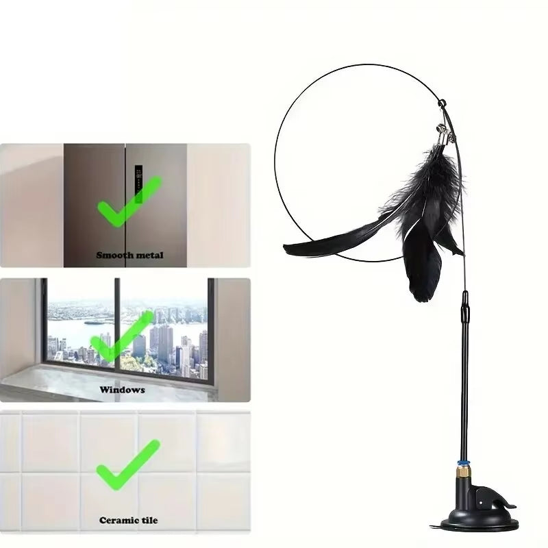 Interactive Cat Teaser Toy with Bell and Feather Wand - Extended Suction Cup Pole for Engaging Playtime Experiences