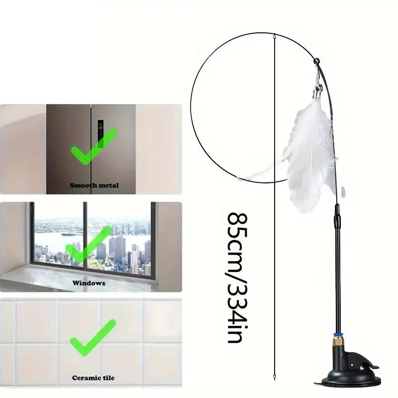 Interactive Cat Teaser Toy with Bell and Feather Wand - Extended Suction Cup Pole for Engaging Playtime Experiences