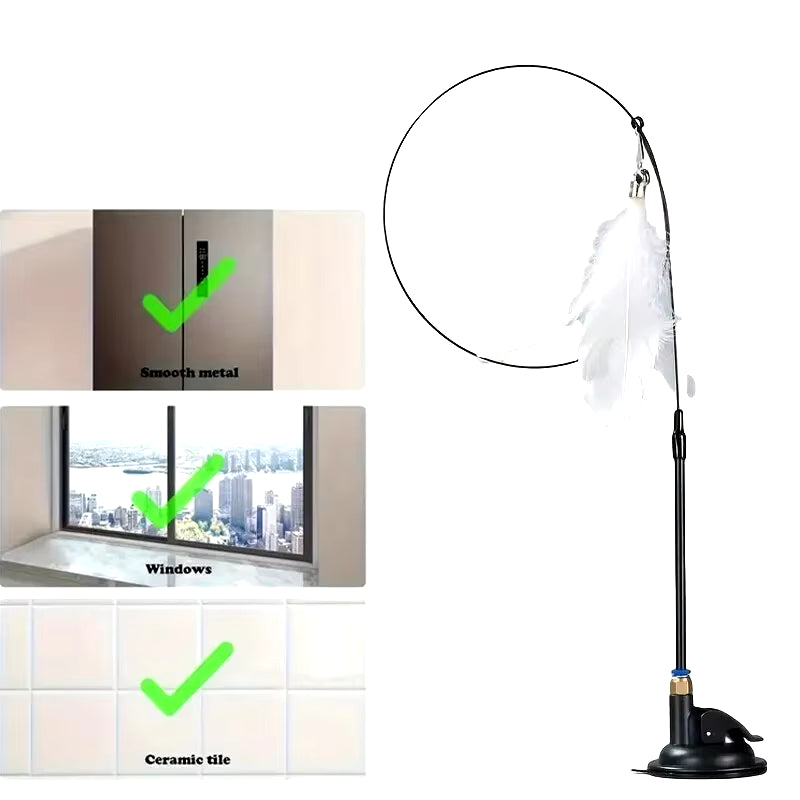 Interactive Cat Teaser Toy with Bell and Feather Wand - Extended Suction Cup Pole for Engaging Playtime Experiences